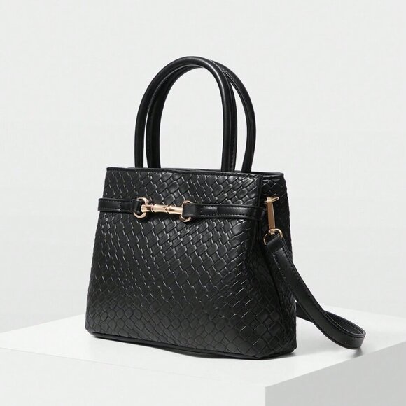 Black Elegant Women's Premium Textured Metallic Buckle Accented Handbag - Picture 4 of 7